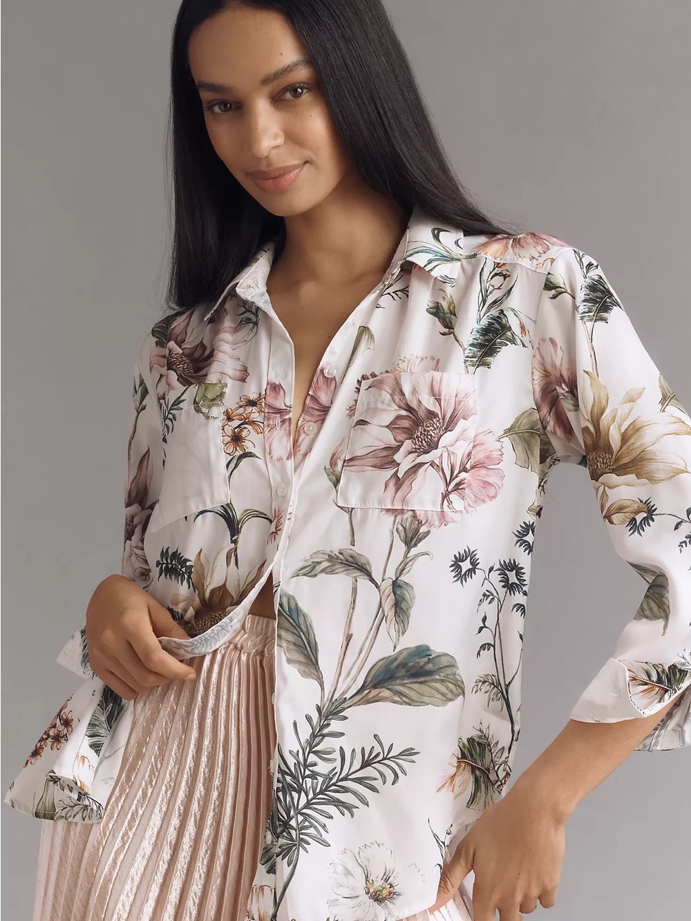Anthropologie White Botanical Button-Down blouse Floral Print xs